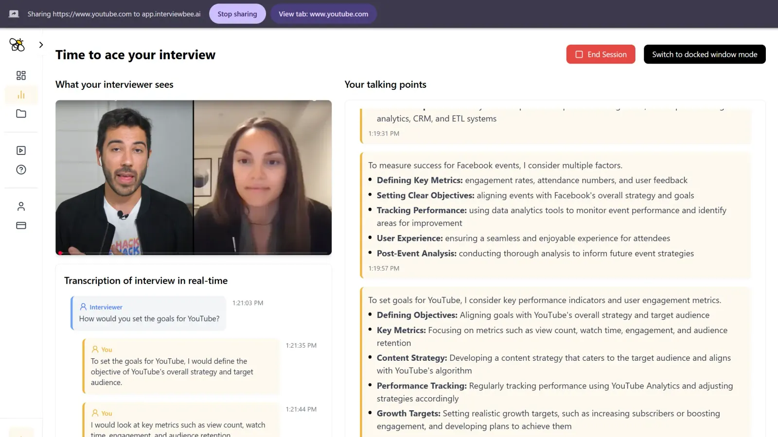 Live AI interview assistant showing real-time talking points