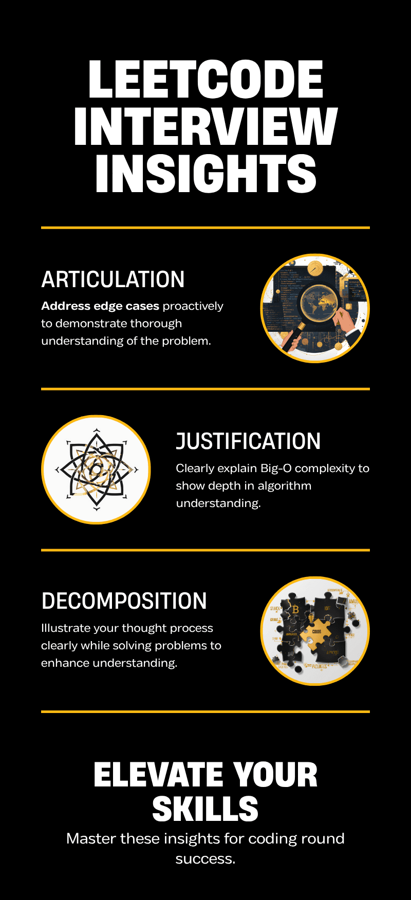 LeetCode interview insights infographic covering articulation, justification, decomposition, and coding round success