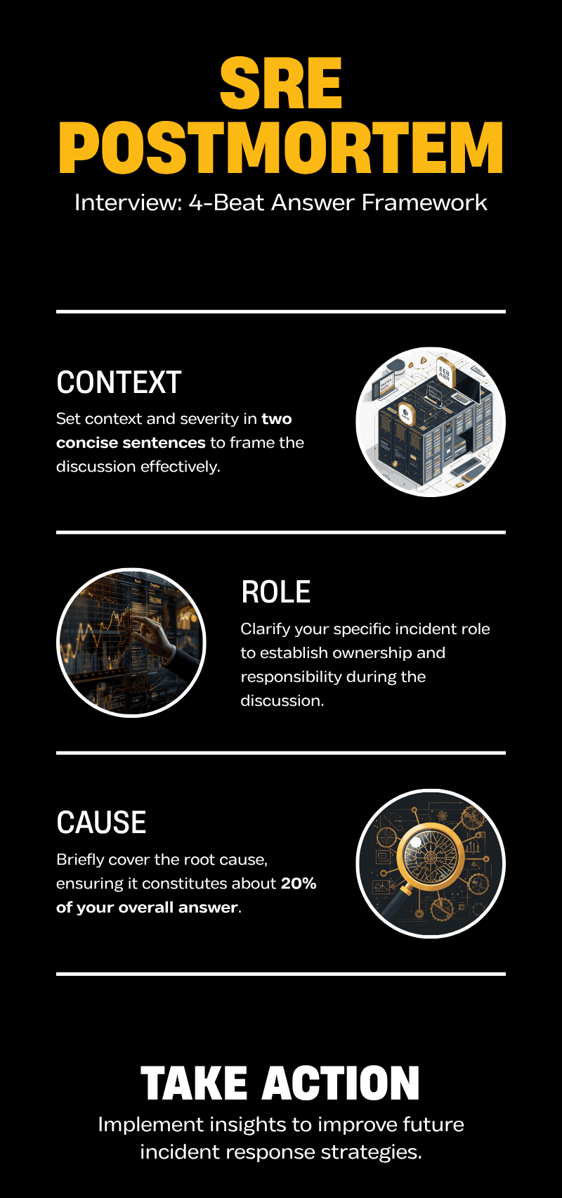 SRE postmortem interview four-beat answer framework covering context, role, cause, and action