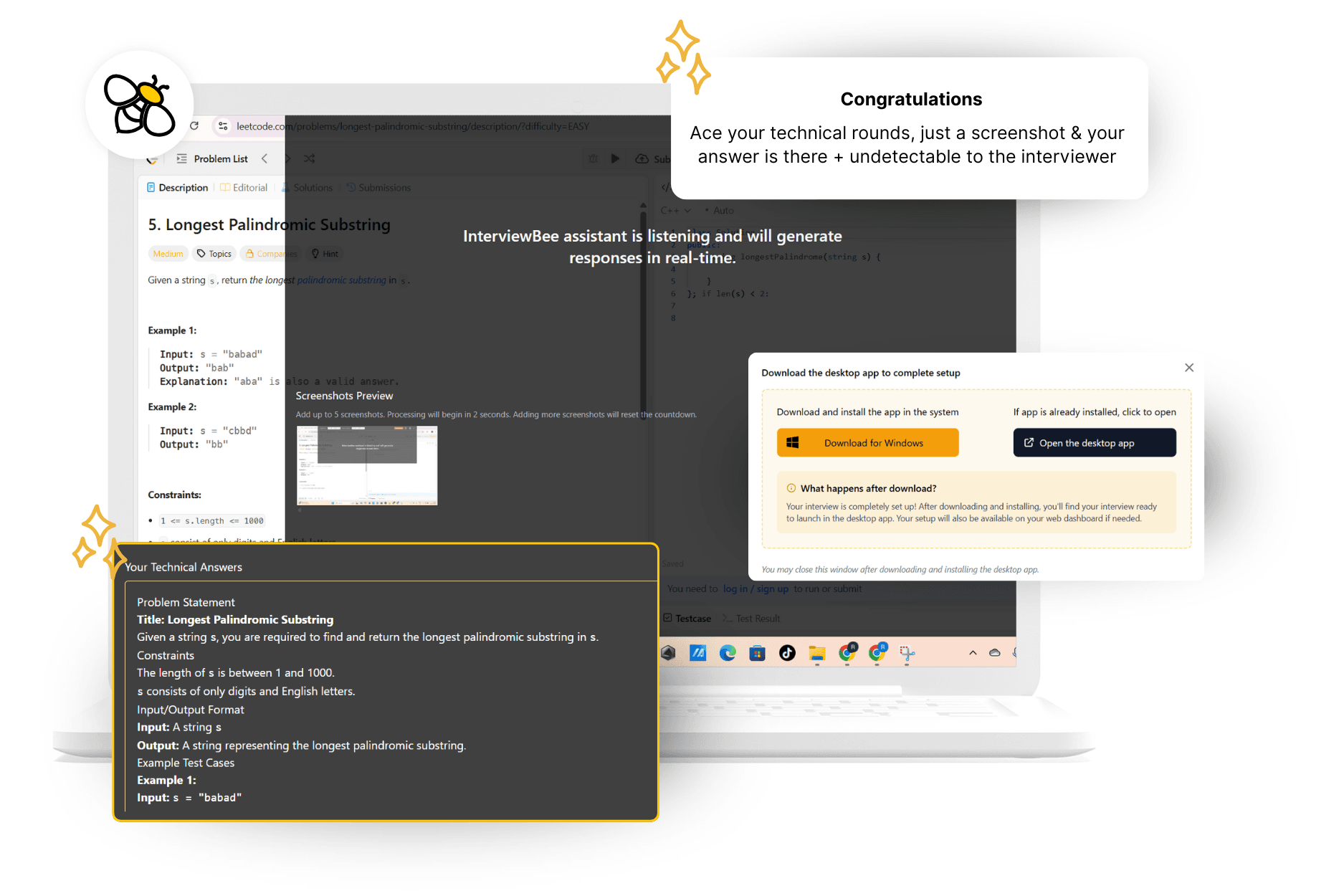 InterviewBee Desktop AI Interview Assistant running beside a technical interview