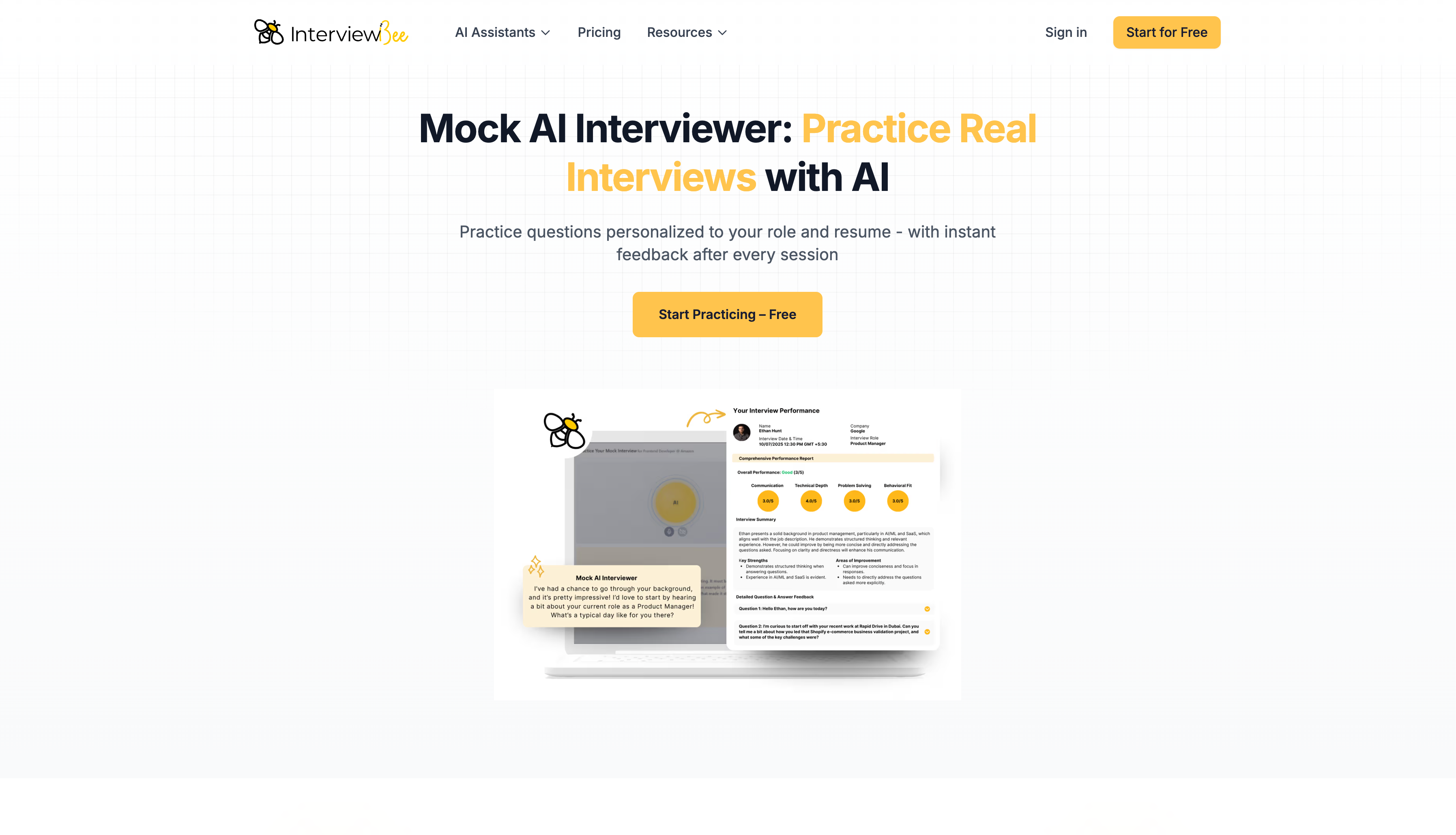Screenshot of the InterviewBee AI mock interview platform interface.