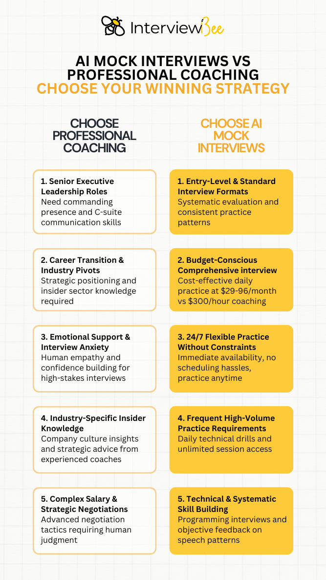 Infographic comparing AI mock interviews and professional coaching on cost, benefits, and use cases