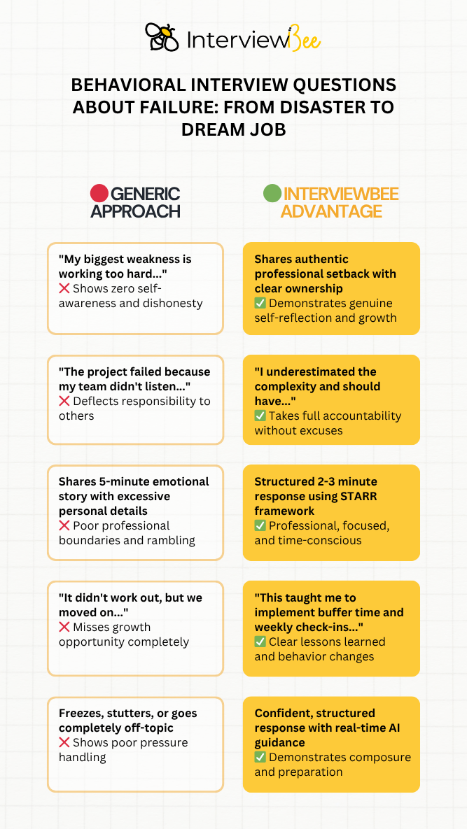 Infographic on how to answer behavioral interview questions about failure using the STARR method.